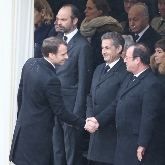 Emmanuel Macron, Edouard Philippe, Nicolas Sarkozy, François Hollande, Annick Girardin, Bruno Le Maire, Nicolas Hulot, Nicole Belloubet, Jean-Yves Le Drian - Hommage national du lieutenant-colonel de gendarmerie Arnaud Beltrame aux invalides à Paris le 28 mars 2018. Arnaud Beltrame est mort après avoir pris la place d'une otage civile au supermarché Super U à Trèbes. © Dominique Jacovides/Bestimage