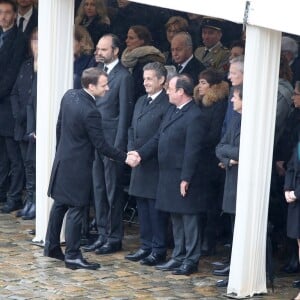 Emmanuel Macron, Edouard Philippe, Nicolas Sarkozy, François Hollande, Annick Girardin, Bruno Le Maire, Nicolas Hulot, Nicole Bricq, Jean-Yves Le Drian, Laurent Fabius - Hommage national du lieutenant-colonel de gendarmerie Arnaud Beltrame aux invalides à Paris le 28 mars 2018. Arnaud Beltrame est mort après avoir pris la place d'une otage civile au supermarché Super U à Trèbes. © Dominique Jacovides/Bestimage