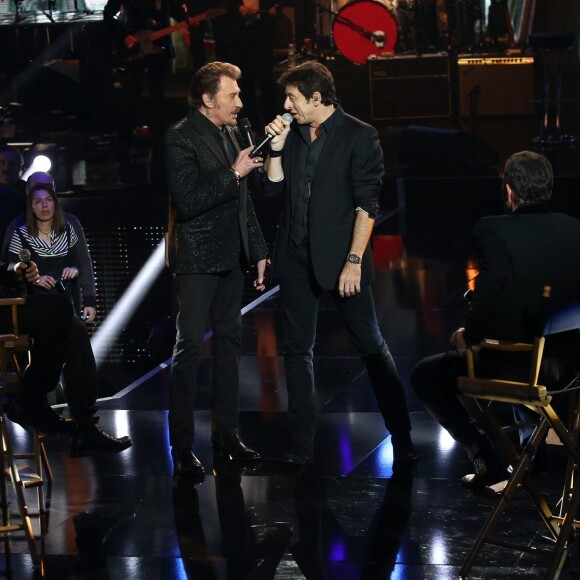 Exclusif - Johnny Hallyday et Patrick Bruel - Enregistrement de l'émission "Johnny, la soirée événement", qui a été diffusée sur TF1 le 20 décembre 2014.