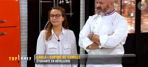 Carla, la copine de Camille, et Philipep Etchebest dans l'épisode 10 de "Top Chef" (M6), diffusé mercredi 4 avril 2018.