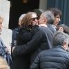 Isabelle Huppert et Thomas Chabrol - Sorties des obsèques de Stéphane Audran en l'église Saint-Roch à Paris. Le 3 avril 2018