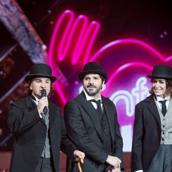 Exclusif - Michaël Youn avec Patrick Fiori et Jenifer lors de l'enregistrement de l'émission "Les Enfoirés Kids" au Zénith d'Aix le 19 novembre 2017 © Cyril Moreau / Bestimage