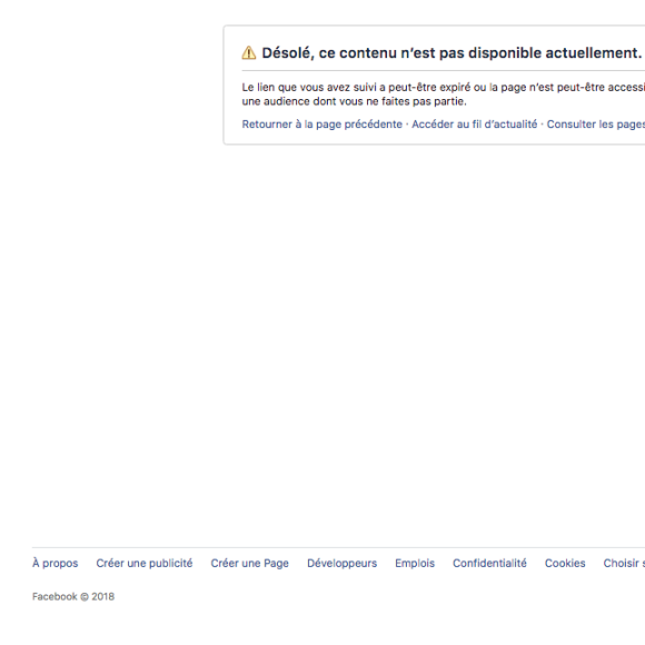"Désolé, ce contenu n'est pas disponible actuellement" affiche la page Facebook officielle de Kendji Girac, le 12 avril 2018.