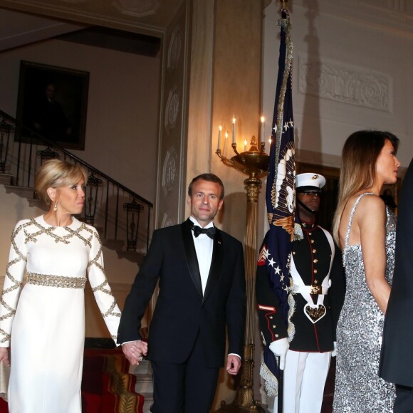 Le président américain Donald Trump, sa femme la Première dame Melania Trump, le président de la République française Emmanuel Macron et sa femme la Première dame Brigitte Macron (Trogneux) - Dîner en l'honneur du Président de la République Emmanuel Macron et de la première dame Brigitte Macron (Trogneux) à la Maison Blanche à Washington, le 24 avril 2018.