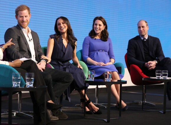 Le prince Harry, Meghan Markle, Kate Middleton (enceinte), duchesse de Cambridge, le prince William, duc de Cambridge lors du premier forum annuel de la Fondation Royale à Londres le 28 février 2018.