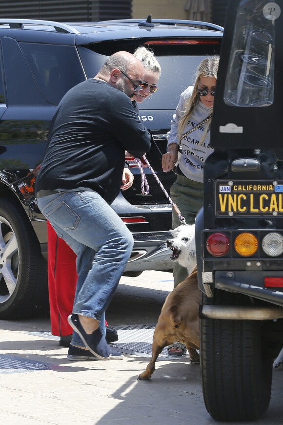 Laeticia Hallyday accompagnée de sa chienne Cheyenne va déjeuner avec Jean-François Piège et sa femme Elodie, Yaël Abrot, Christina accompagnée de sa chienne et Ezra Petronio avec sa compagne Lana Petrusevych au restaurant Nobu à Malibu le 10 mai 2018.