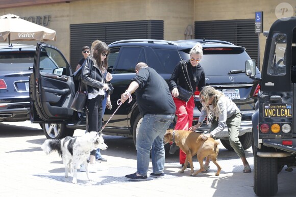 Laeticia Hallyday accompagnée de sa chienne Cheyenne va déjeuner avec Jean-François Piège et sa femme Elodie, Yaël Abrot, Christina accompagnée de sa chienne et Ezra Petronio avec sa compagne Lana Petrusevych au restaurant Nobu à Malibu le 10 mai 2018.