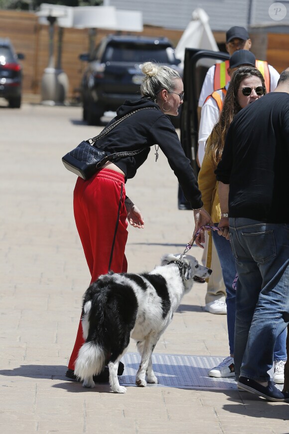 Laeticia Hallyday accompagnée de sa chienne Cheyenne va déjeuner avec Jean-François Piège et sa femme Elodie, Yaël Abrot, Christina accompagnée de sa chienne et Ezra Petronio avec sa compagne Lana Petrusevych au restaurant Nobu à Malibu le 10 mai 2018.