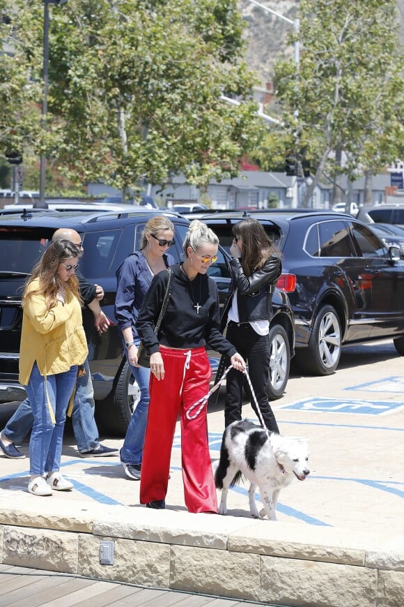 Laeticia Hallyday accompagnée de sa chienne Cheyenne va déjeuner avec Jean-François Piège et sa femme Elodie, Yaël Abrot, Christina accompagnée de sa chienne et Ezra Petronio avec sa compagne Lana Petrusevych au restaurant Nobu à Malibu le 10 mai 2018.