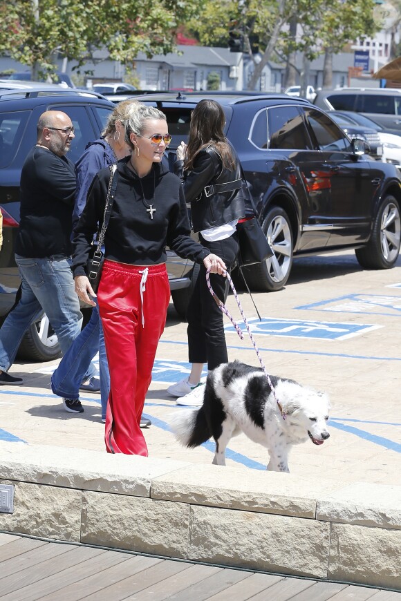 Laeticia Hallyday accompagnée de sa chienne Cheyenne va déjeuner avec Jean-François Piège et sa femme Elodie, Yaël Abrot, Christina accompagnée de sa chienne et Ezra Petronio avec sa compagne Lana Petrusevych au restaurant Nobu à Malibu le 10 mai 2018.