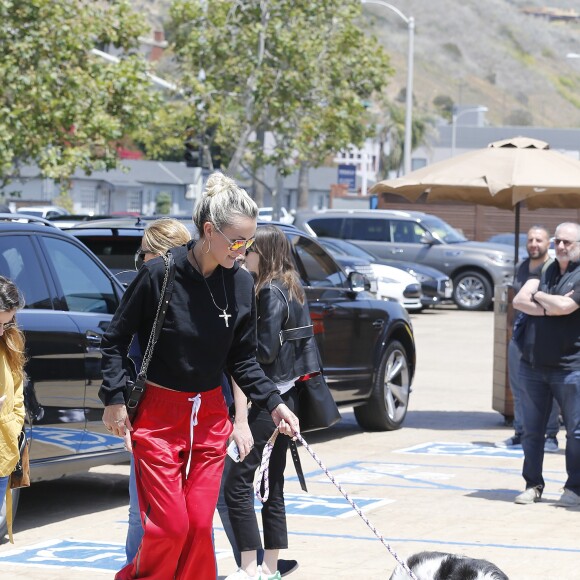 Laeticia Hallyday accompagnée de sa chienne Cheyenne va déjeuner avec Jean-François Piège et sa femme Elodie, Yaël Abrot, Christina accompagnée de sa chienne et Ezra Petronio avec sa compagne Lana Petrusevych au restaurant Nobu à Malibu le 10 mai 2018.