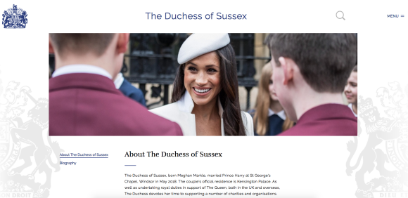 Meghan Markle, duchesse de Sussex, a désormais sa page officielle sur le site de la monarchie britannique.