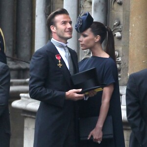 David et Victoria Beckham, enceinte de leur 4e enfant (une fille qu'ils prénommeront Harper) assitent au mariage du prince William et de Kate Middleton à l'abbaye de Westminster. Londres, le 29 avril 2011.