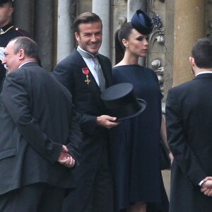 David et Victoria Beckham, enceinte de leur 4e enfant (une fille qu'ils prénommeront Harper) assitent au mariage du prince William et de Kate Middleton à l'abbaye de Westminster. Londres, le 29 avril 2011.