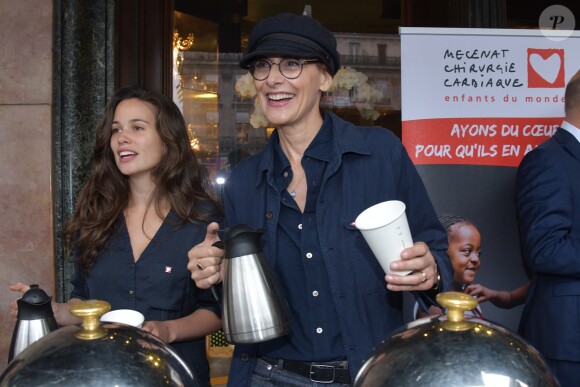 Inès de la Fressange et Lucie Lucas - Lancement de l'opération Petits Déjeuners Du Coeur au profit de l'association Mécénat Chirurgie Cardiaque au Café de la Paix à Paris. Le 5 juin 2018. © Giancarlo Gorassini / Bestimage