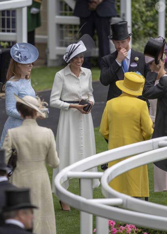 La princesse Beatrice d'York, Meghan Markle, duchesse de Sussex, le prince Harry, duc de Sussex, la comtesse Sophie de Wessex - La famille royale d'Angleterre à son arrivée à Ascot pour les courses hippiques. Le 19 juin 2018