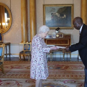 La reine Elizabeth II d'Angleterre lors d'audiences au palais de Buckingham à Londres le 27 juin 2018