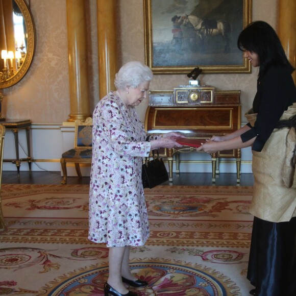 La reine Elizabeth II d'Angleterre lors d'audiences au palais de Buckingham à Londres le 27 juin 2018