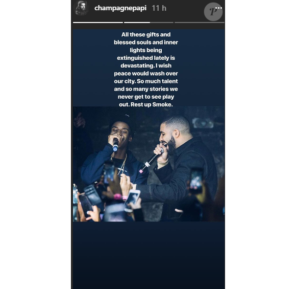 Drake a été choqué d'apprendre la mort du rappeur de Toronto Smoke Dawg, qui avait fait sa première partie en 2017, abattu le jour de ses 21 ans, le 30 juin 2018 à Toronto.