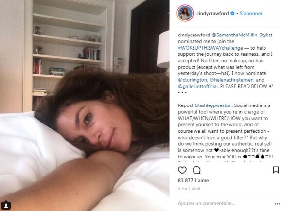 Cindy Crawford sans maquillage sur Instagram le 30 juin 2018.