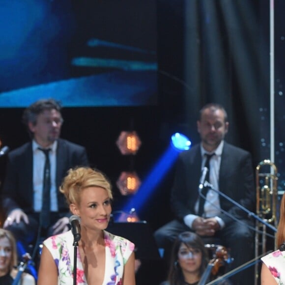 Exclusif - Elodie Gossuin, Rachel Legrain-Trapani, Iris Mittenaere et Camille Cerf - Enregistrement de l'émission "Bon anniversaire Line" à l'occasion des 90 ans de Line Renaud au Théâtre Bobino à Paris, le 25 juin 2018. L'émission, présentée par Stéphane Bern, est diffusée mardi 3 juillet 2018 à 20h55 sur France 2. © Coadic Guirec / Bestimage