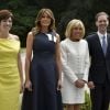 Amelie Derbaudrenghien (compagne du premier ministre belge C.Michel), la Première Dame Melania Trump, la Première Dame Brigitte Macron (Trogneux), Gauthier Destenay (mari du premier ministre du Luxembourg X.Bettel) - Visite des conjoints des chefs d'État et de gouvernement de la Chapelle musicale Reine Élisabeth à Waterloo dans le Brabant Wallon lors du sommet de l'OTAN en Belgique, le 11 juillet 2018.