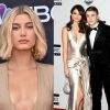 Hailey Baldwin (mai 2018), Justin Bieber et Selena Gomez (en 2011).