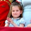 La princesse Charlotte de Cambridge - Les membres de la famille royale britannique lors du rassemblement militaire "Trooping the Colour" (le "salut aux couleurs"), célébrant l'anniversaire officiel du souverain britannique. Cette parade a lieu à Horse Guards Parade, chaque année au cours du deuxième samedi du mois de juin. Londres, le 9 juin 2018.