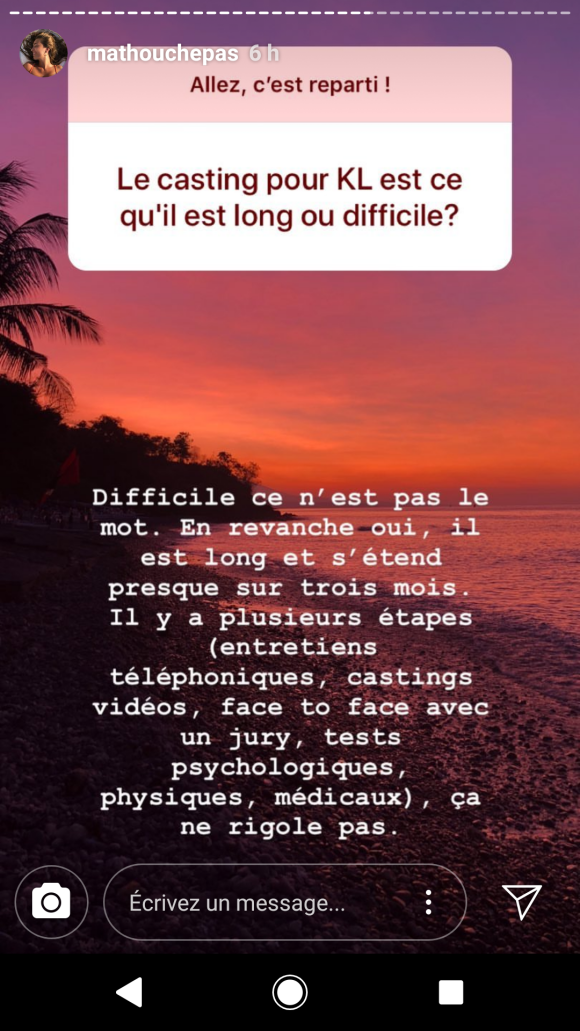 Casting de "Koh-Lanta", les coulisses dévoilées par Mathilde - Story Instagram, 26 juillet 2018