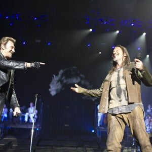 Exclusif - Johnny Hallyday avec Florent Pagny lors de son concert à Bercy célèbrant ses 70 ans, Paris, le 15 juin 2013.