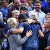 Novak Djokovic, vainqueur de l'US Open de Tennis 2018 à New York, avec ses proches, le 9 septembre 2018.