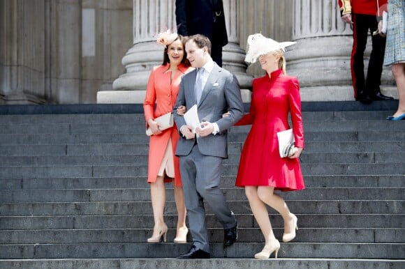 Lord Frederick Windsor entouré de sa femme Sophie Winkleman et sa soeur Lady Gabriella Windsor à la cathédrale St Paul de Londres le 10 juin 2016.