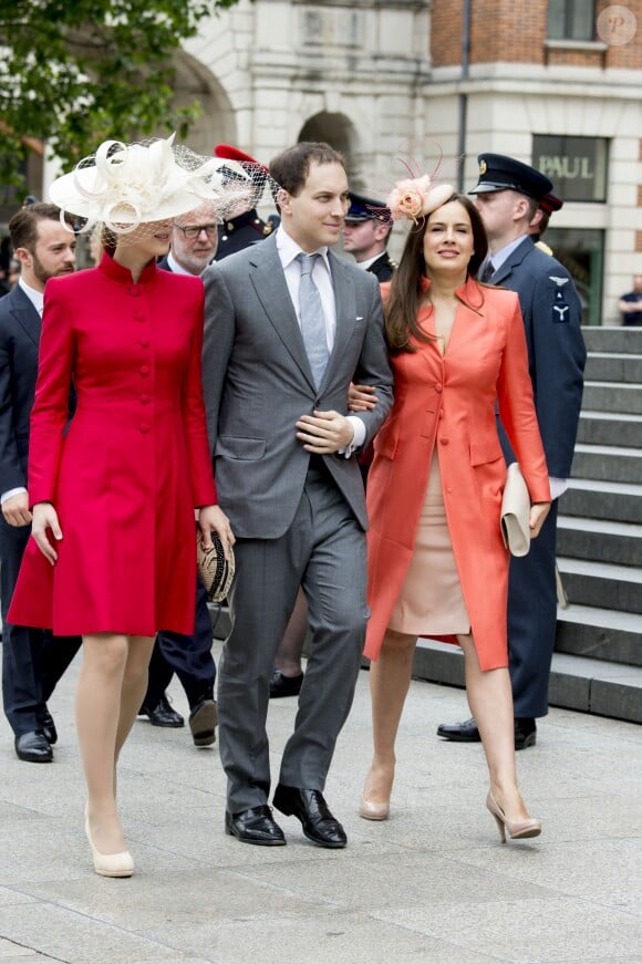 Lord Frederick Windsor entouré de sa femme Sophie Winkleman et sa soeur Lady Gabriella Windsor à la cathédrale St Paul de Londres le 10 juin 2016.