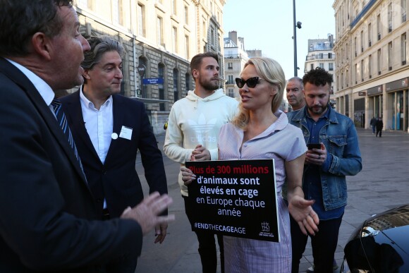 L'actrice américaine Pamela Anderson (Danse avec les Stars 2018) se fait enfermer lors d'un happening contre les élevages en cage sur la place de la République à Paris, France, le 10 octobre 2018. © Sébastien Valiela/Bestimage