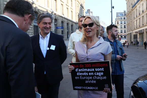L'actrice américaine Pamela Anderson (Danse avec les Stars 2018) se fait enfermer lors d'un happening contre les élevages en cage sur la place de la République à Paris, France, le 10 octobre 2018. © Sébastien Valiela/Bestimage
