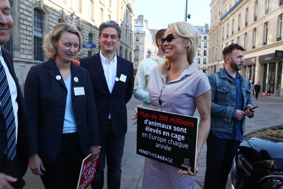 L'actrice américaine Pamela Anderson (Danse avec les Stars 2018) se fait enfermer lors d'un happening contre les élevages en cage sur la place de la République à Paris, France, le 10 octobre 2018. © Sébastien Valiela/Bestimage