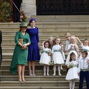 Sarah Ferguson, duchesse d'York, la princesse Beatrice d'York, Nicola, George Brooksbank, le prince George de Cambridge et la princesse Charlotte de Cambridge - Sorties après la cérémonie de mariage de la princesse Eugenie d'York et Jack Brooksbank en la chapelle Saint-George au château de Windsor, Royaume Uni, le 12 octobre 2018.