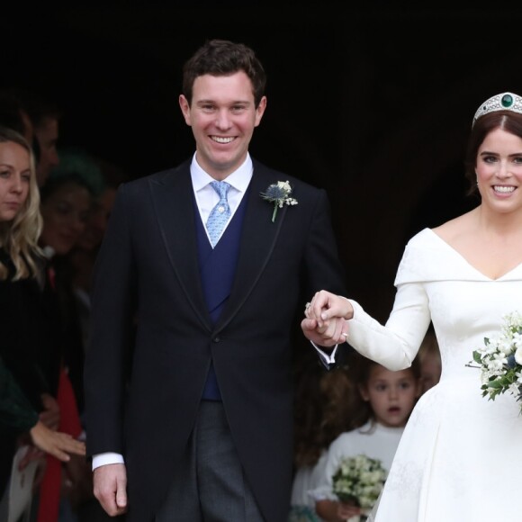 La princesse Eugenie d'York et son mari Jack Brooksbank - Sorties après la cérémonie de mariage de la princesse Eugenie d'York et Jack Brooksbank en la chapelle Saint-George au château de Windsor, Royaume Uni, le 12 octobre 2018.