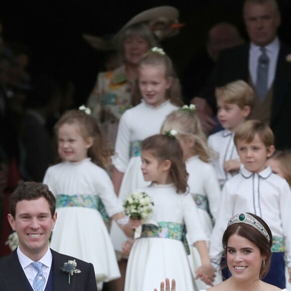 La princesse Eugenie d'York et son mari Jack Brooksbank - Sorties après la cérémonie de mariage de la princesse Eugenie d'York et Jack Brooksbank en la chapelle Saint-George au château de Windsor, Royaume Uni, le 12 octobre 2018.