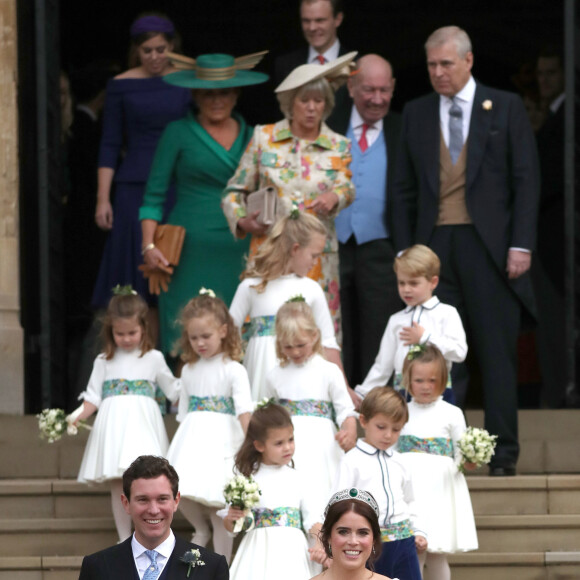 La princesse Eugenie d'York et son mari Jack Brooksbank - Sorties après la cérémonie de mariage de la princesse Eugenie d'York et Jack Brooksbank en la chapelle Saint-George au château de Windsor, Royaume Uni, le 12 octobre 2018.