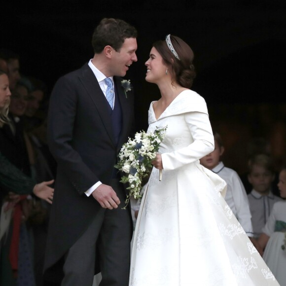 La princesse Eugenie d'York et son mari Jack Brooksbank - Sorties après la cérémonie de mariage de la princesse Eugenie d'York et Jack Brooksbank en la chapelle Saint-George au château de Windsor, Royaume Uni, le 12 octobre 2018.