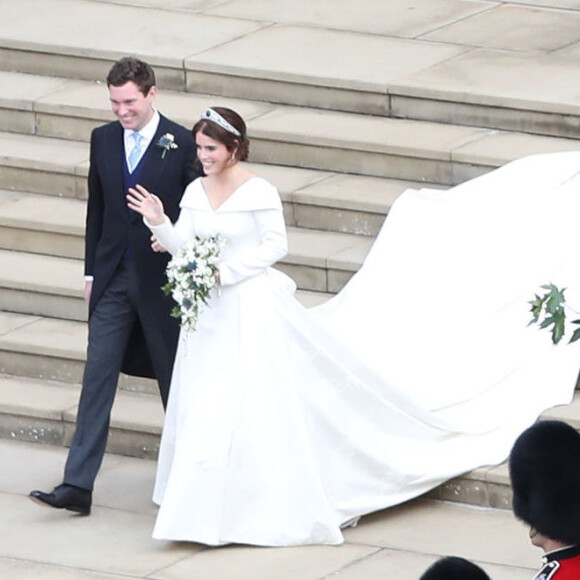 La princesse Eugenie d'York et son mari Jack Brooksbank - Sorties après la cérémonie de mariage de la princesse Eugenie d'York et Jack Brooksbank en la chapelle Saint-George au château de Windsor, Royaume Uni, le 12 octobre 2018.