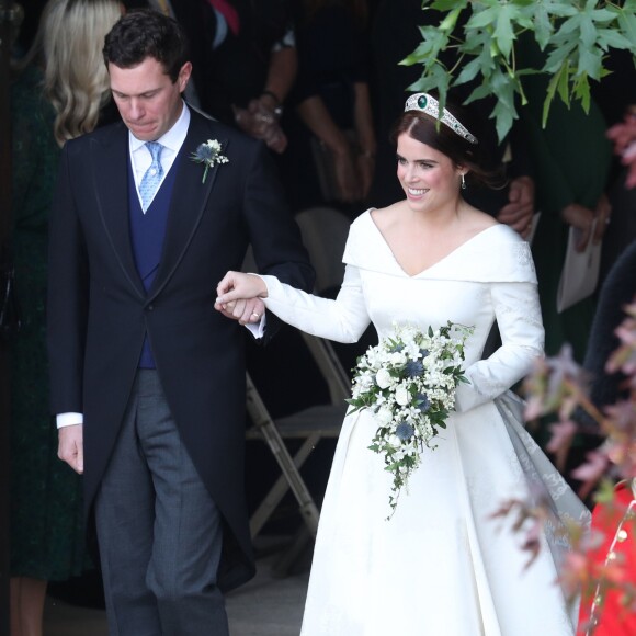 La princesse Eugenie d'York et son mari Jack Brooksbank - Sorties après la cérémonie de mariage de la princesse Eugenie d'York et Jack Brooksbank en la chapelle Saint-George au château de Windsor, Royaume Uni, le 12 octobre 2018.