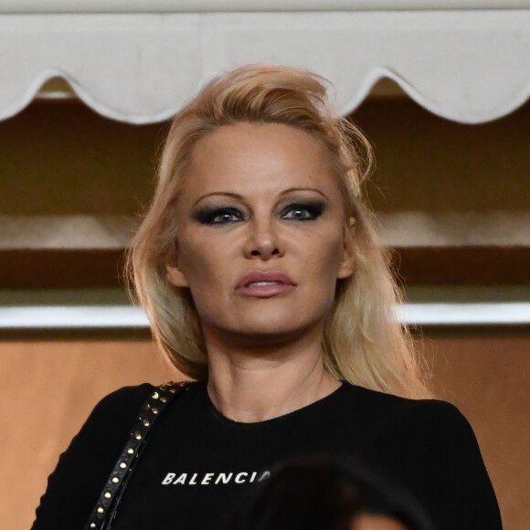 Exclusif - Pamela Anderson, l'actrice et modèle américaine, est venue encourager son fiancé Adil Rami, le défenseur marseillais, durant la rencontre de football de Ligue 1 Conforama entre Monaco et Marseille au stade Louis II le 2 septembre 2018. Les marseillais ont battu l'équipe de la Principauté par 3 buts à 2. © Bruno Bebert/Bestimage