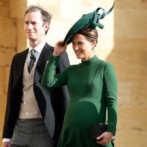 Pippa Middleton enceinte et James Matthews - Les invités arrivent à la chapelle St. George pour le mariage de la princesse Eugenie d'York et Jack Brooksbank au château de Windsor, Royaume Uni, le 12 octobre 2018.
