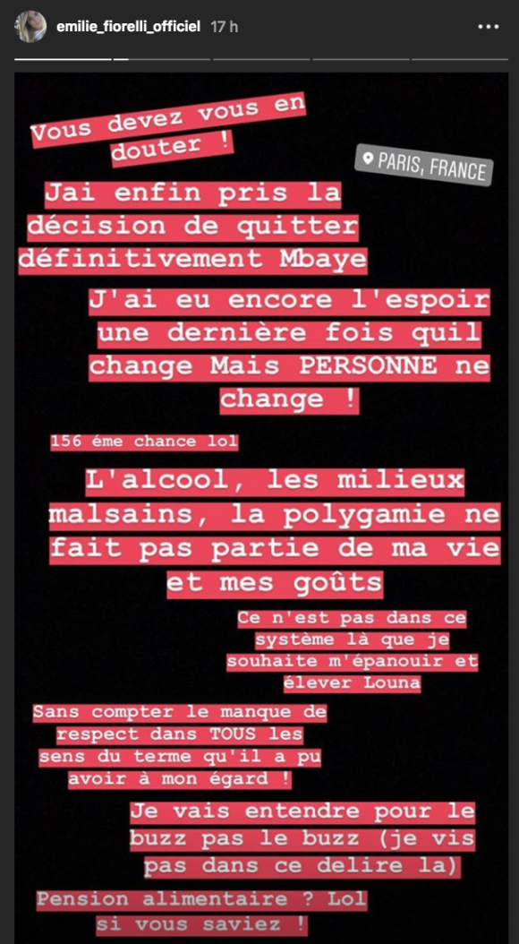 Emilie Fiorelli annonce sa rupture définitive avec M'baye Niang sur Instagram le 25 octobre 2018.