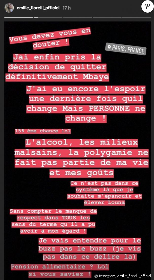 Emilie Fiorelli annonce sa rupture définitive avec M'baye Niang sur Instagram le 25 octobre 2018.
