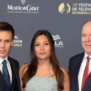 Le prince Albert, son neveu Louis Ducruet et sa fiancée Marie Chevallier au Festival de Télévision de Monte Carlo, le 15 juin 2018.