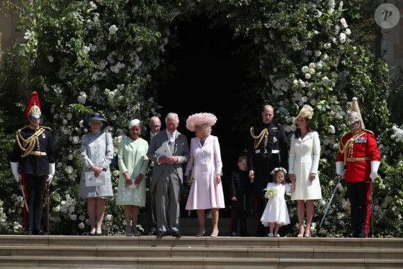 Doria Ragland, le prince Charles et la duchesse Camilla à la sortie du mariage du prince Harry et de Meghan Markle le 19 mai 2018.