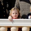 La princesse Gabriella et le prince héréditaire Jacques de Monaco au balcon du palais princier lors du défilé militaire de la Fête nationale monégasque, le 9 novembre 2018. © Dominique Jacovides / Bestimage